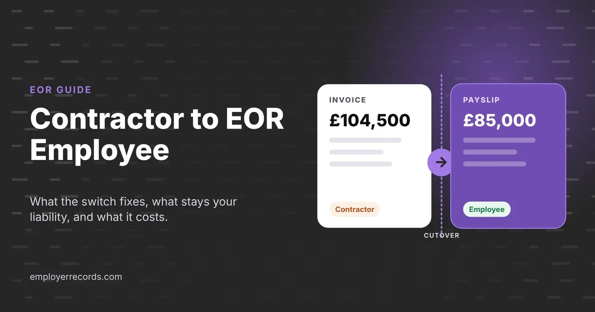 Featured image for the EmployerRecords guide to moving a contractor onto EOR payroll, showing a contractor invoice switching to an employee payslip.